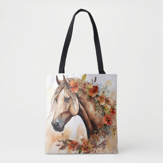 Bolso De Tela Hermoso caballo con flores de Bonito (Anverso)