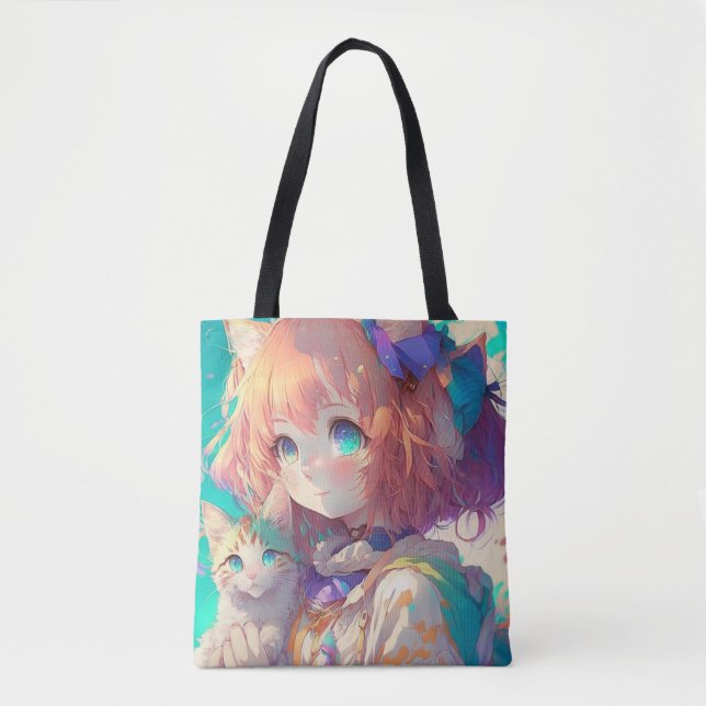 Bolso De Tela Hermoso Chica de Anime con gatito lindo (Anverso)
