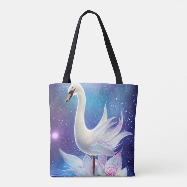 Bolso De Tela Hermoso Cisne Blanco Fantasmo con flores (Reverso)