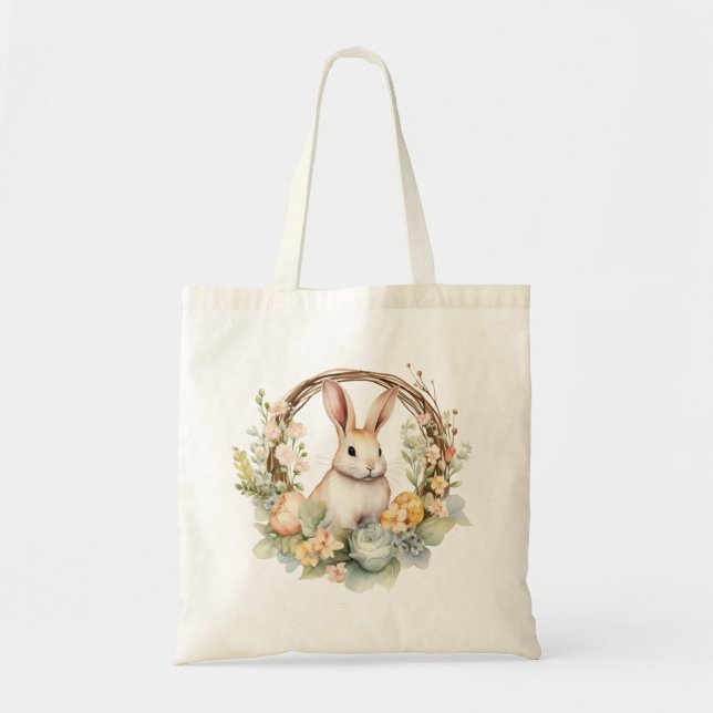 Bolso De Tela Hermoso conejo conejo con flores de primavera (Frente)