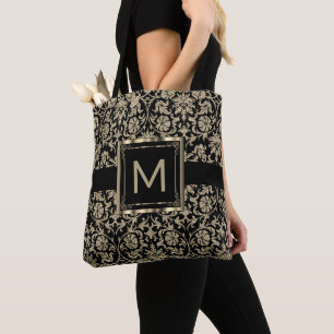 Bolso De Tela Hermoso Damasco floral negro y dorado