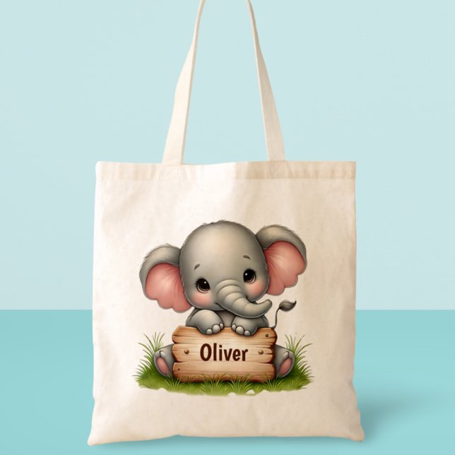 Bolso De Tela Hermoso elefante bebé sosteniendo un letrero con n (Subido por el creador)