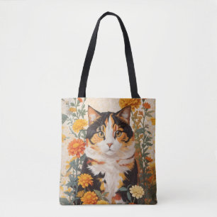 Bolso De Tela Hermoso Gato Calico Con Flores Marigold