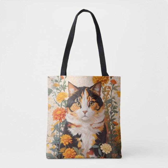 Bolso De Tela Hermoso Gato Calico Con Flores Marigold (Anverso)
