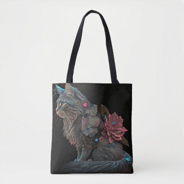 Bolso De Tela Hermoso gato steampunk con flores rosas (Anverso)