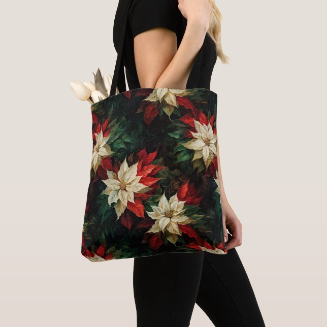 Bolso De Tela Hermoso Ilustracion de Poinsettias Blancas y Rojas (Detalle)