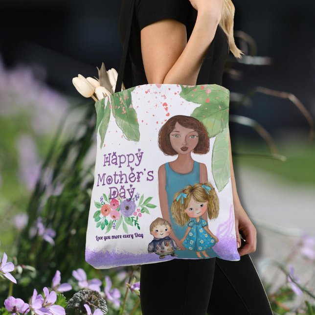 Bolso De Tela Hermoso Ilustracion floral madre e hijo (Beautiful Mother & Kids Floral Illustration Tote Bag)
