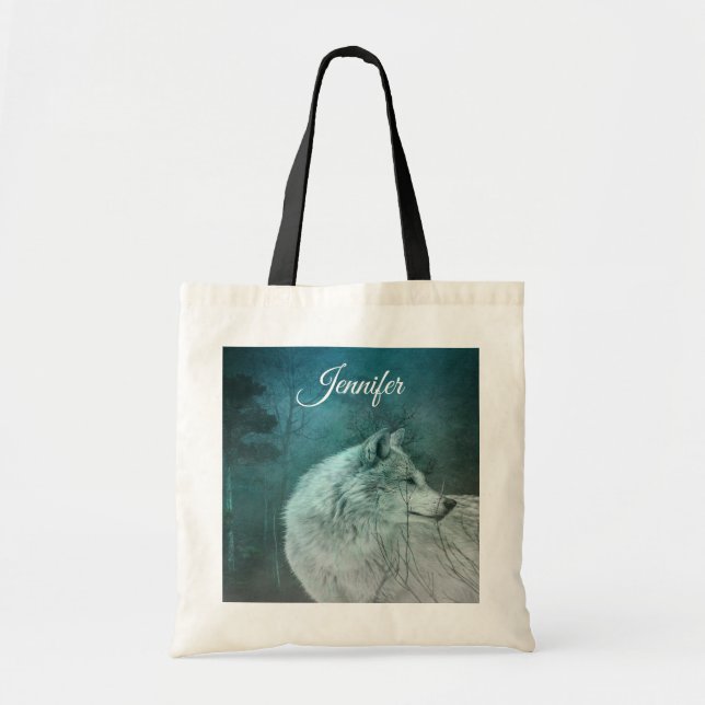 Bolso De Tela Hermoso lobo gris en un bosque oscuro (Frente)