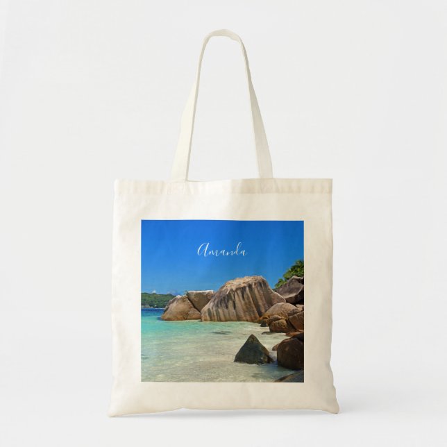 Bolso De Tela Hermoso mar tropical con costa cubierta de roca (Frente)