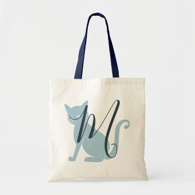 Bolso De Tela Hermoso Monograma de Gato Azul (Frente)