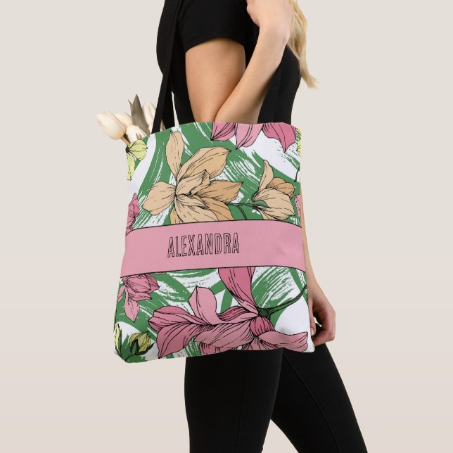 Bolso De Tela Hermoso monograma floral rosa y verde lindo (Detalle)