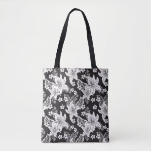 Bolso De Tela Hermoso patrón de flor blanca negra
