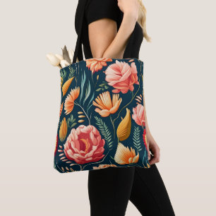 Bolso De Tela Hermoso patrón rosa, Naranja y flor roja