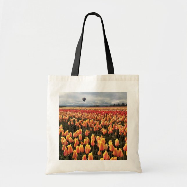 Bolso De Tela Hermoso Tulip Field con globo de aire caliente, Or (Frente)