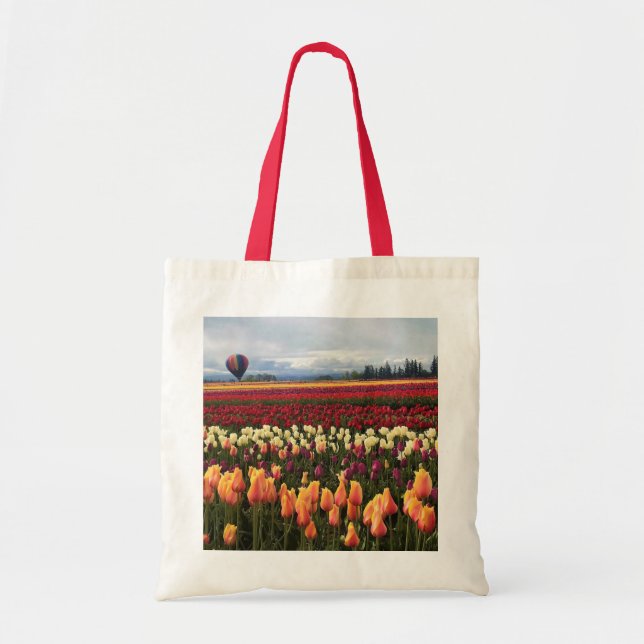Bolso De Tela Hermoso Tulip Field con globo de aire caliente, Or (Frente)