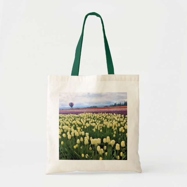 Bolso De Tela Hermoso Tulip Field con globo de aire caliente, Or (Frente)