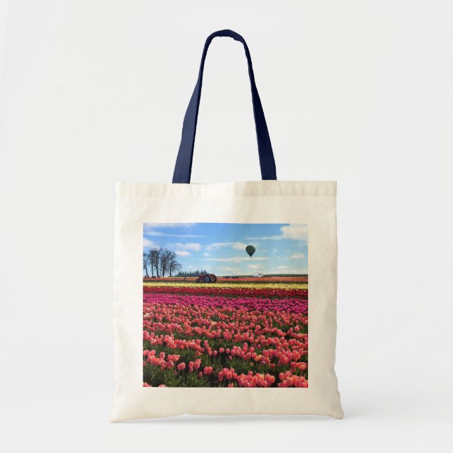 Bolso De Tela Hermoso Tulip Field con globo de aire caliente, Or (Frente)