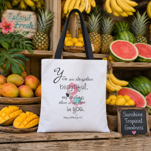 Bolso De Tela Hermoso Versículo Bíblico de Flamenco Rosa y Blanc