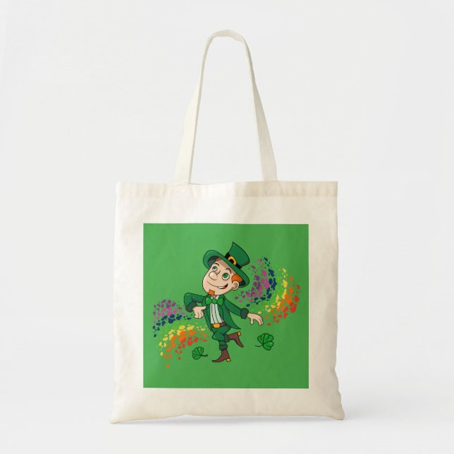 Bolso De Tela Hermoso y alegre leprechaun bailando, un arco iris (Frente)