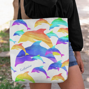 Bolso De Tela Hermosos delfines en arcoiris con nombre