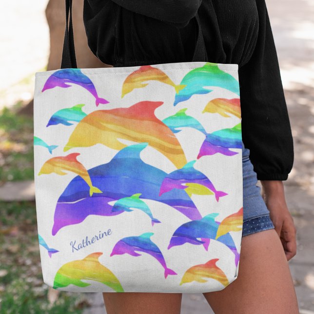 Bolso De Tela Hermosos delfines en arcoiris con nombre (Subido por el creador)