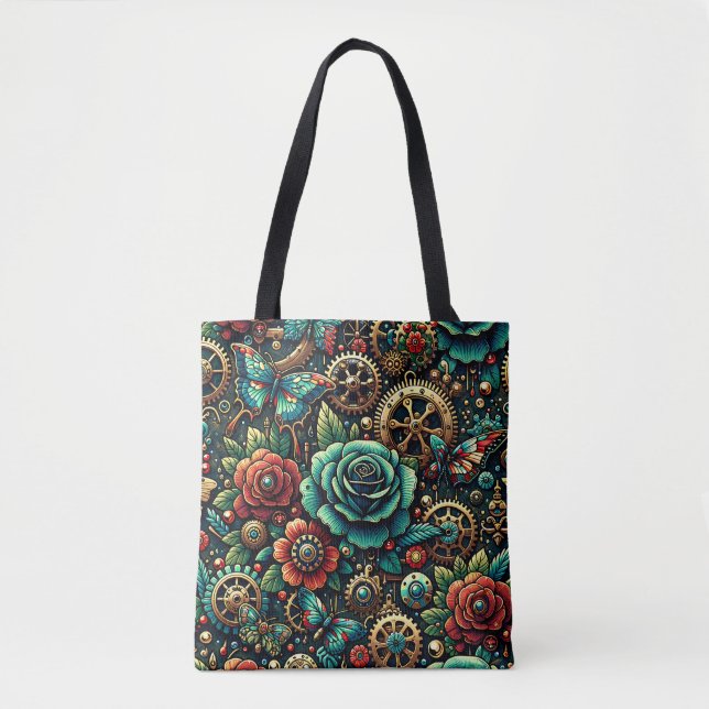 Bolso De Tela Hermosos engranajes y Rosas temáticos de Steampunk (Anverso)