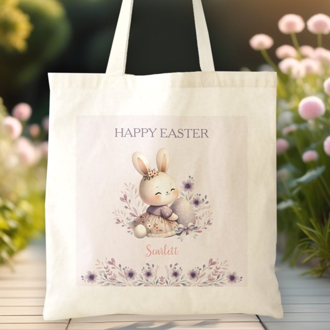 Bolso De Tela Hervidad dulce púrpura Floral Huevo Caza Pascua (Cute Bunny Purple Floral Name Egg Hunt Easter Tote Bag)