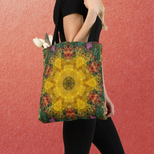 Bolso De Tela Hex Mandala amarillo verde y Naranja