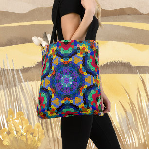 Bolso De Tela Hex Mandala Azul Amarillo Rojo y Verde