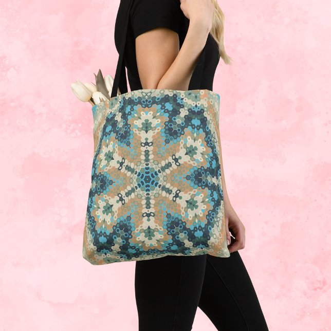 Bolso De Tela Hex Mandala Azul y Naranja (Blue and Orange Hexagon Mandala Tote Bag by Wormhole Orbital)
