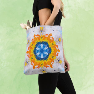 Bolso De Tela Hex Mandala Naranja amarillo azul y blanco