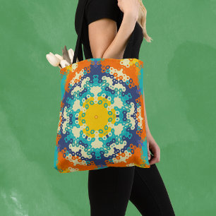 Bolso De Tela Hex Mandala Naranja azul y amarillo