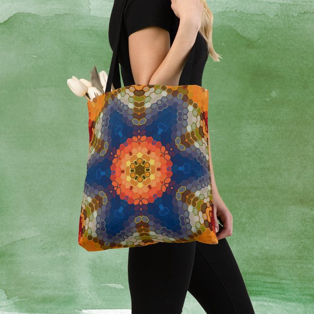 Bolso De Tela Hex Mandala Naranja azul y rojo (Blue Orange and Red Hexagon Mandala Tote Bag by Wormhole Orbital)