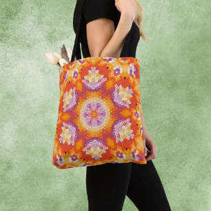Bolso De Tela Hex Mandala Naranja Morado y Blanco
