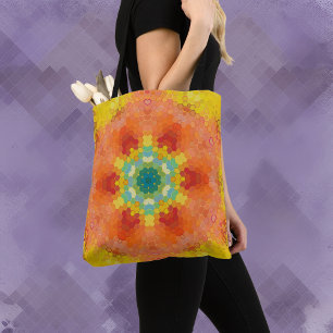 Bolso De Tela Hex Mandala Naranja Rojo amarillo y azul
