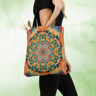 Bolso De Tela Hex Mandala Naranja y azul