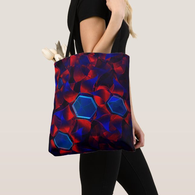 Bolso De Tela hexágono azul mezclado con curvas rojas superpuest (Detalle)