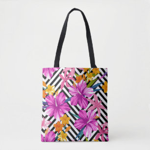 Bolso De Tela hibisco tropical, hojas de palma, geométrico.
