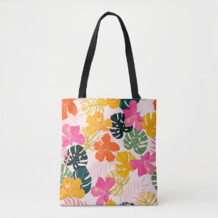 Bolso De Tela Hibiscus and monstera hojas patrón tropical desi