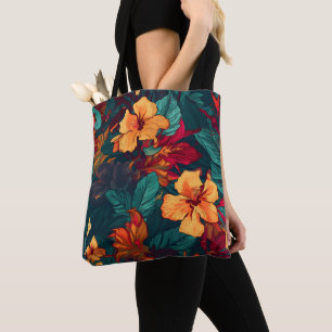Bolso De Tela Hibiscus colorido, floral verde Naranja amarillo