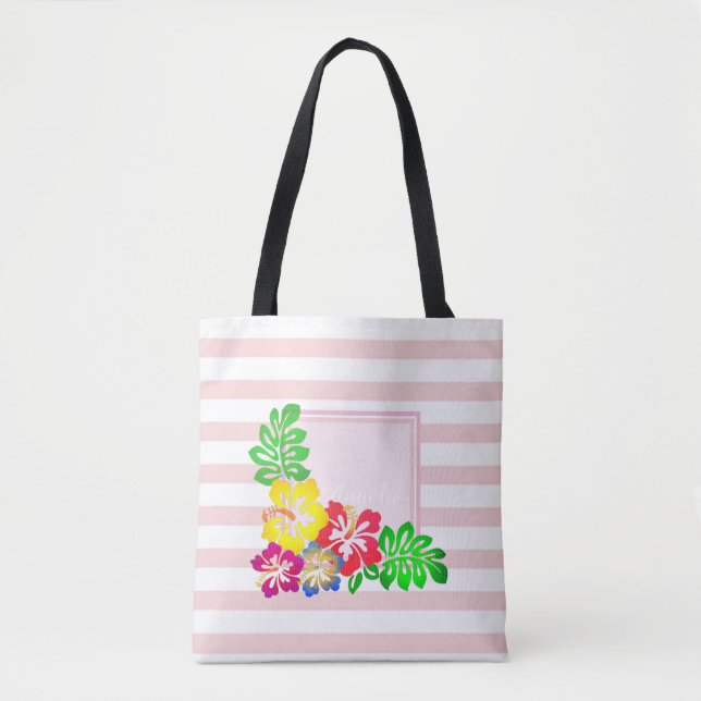 Bolso De Tela Hibiscus moderno a rayas, Hawaii - Personalizado (Anverso)