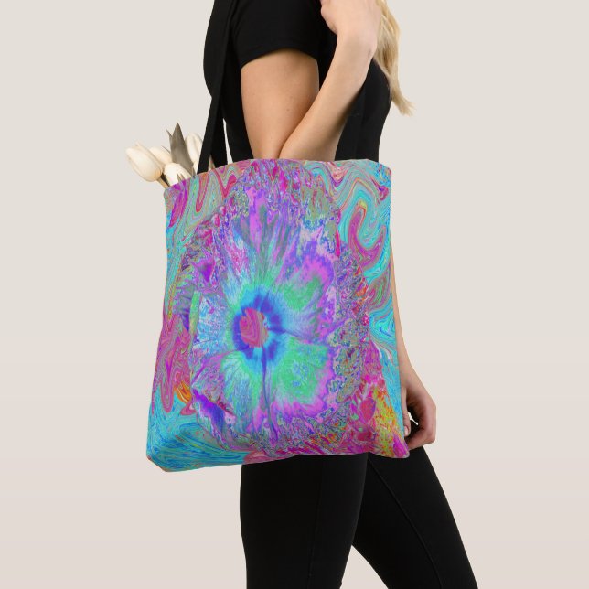 Bolso De Tela Hibiscus psicodélico retro arcoiris azul (Detalle)