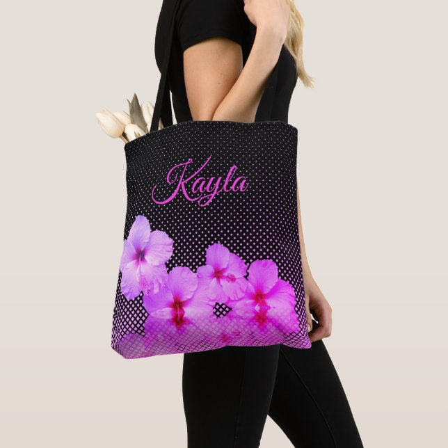 Bolso De Tela Hibiscus rosado en negro y rosa (Detalle)