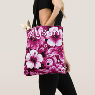 Bolso De Tela Hibiscus Tropical Hawai Blanco Rosa Personalizado