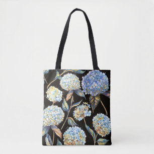 Bolso De Tela Hidrangea Azul Acuarela: Patrón oscuro sin foco