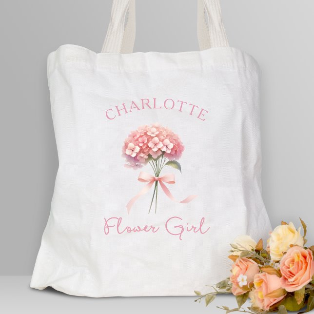 Bolso De Tela Hidrangea rosa personalizada Bow Flor Floral Chica (Add a pop of floral elegance to your wedding with this custom flower girl tote—stylish and memorable)