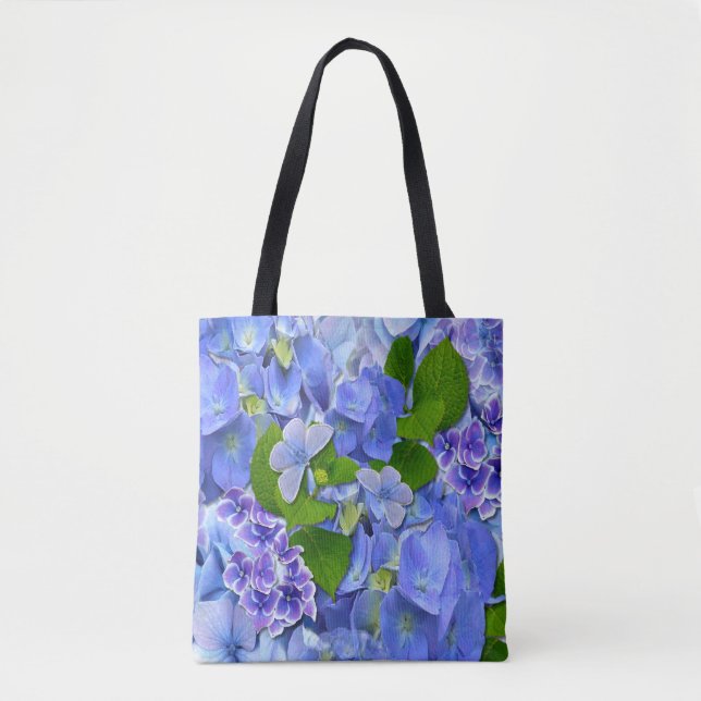 Bolso De Tela Hidrángulas azules y mariposas (Anverso)
