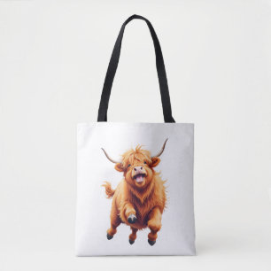 Bolso De Tela Highland Cow Happy Playful Fun Saltando Al Aire