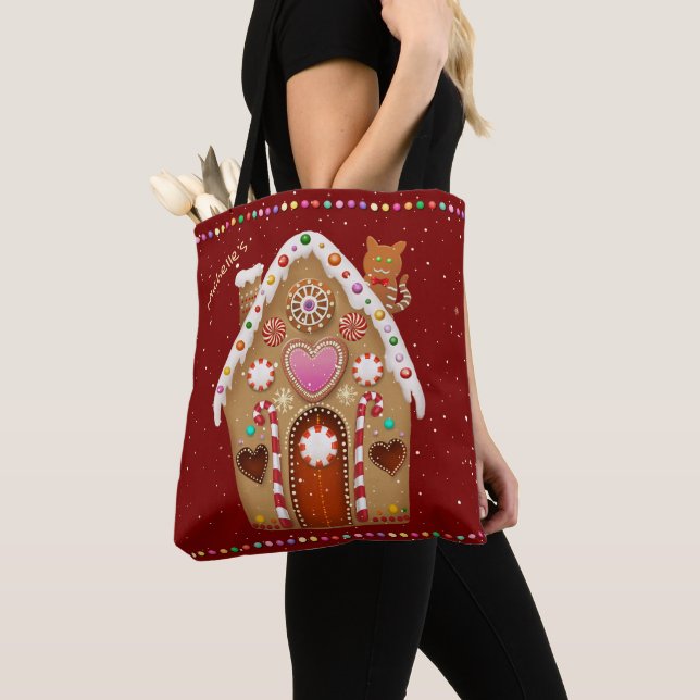 Bolso De Tela Hogar De Gingerbread Dulce Con Gato En El Techo (Detalle)