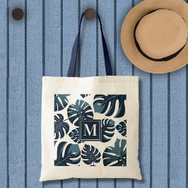 Bolso De Tela Hoja Monstera Azul y Blanca Tropical
